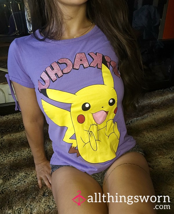 💜 Girly Pikachu Top Pokémon Shirt Graphic Anime Sparkly Purple T-Shirt Busty Asian Japanese B**bs Tattooed Fitness Model