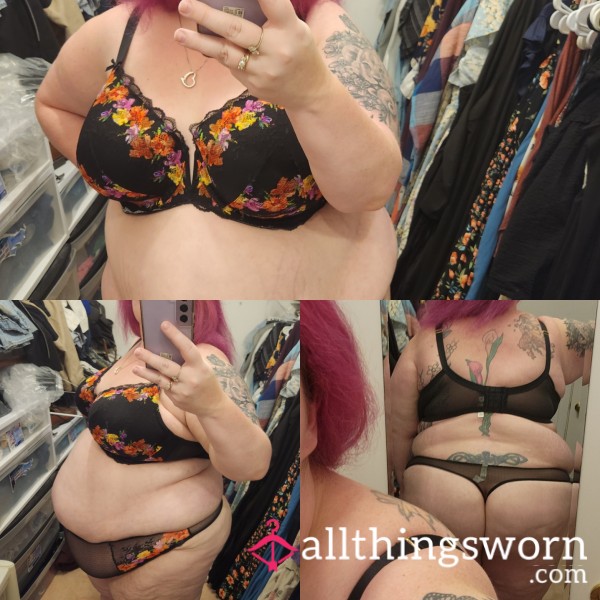 Gorgeous Black 48DD Bra And Panty Set With Rainbow Flowers