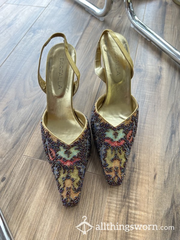 Gorgeous Vintage Gold Multi-tone Beaded Sandal Heels UK Size 7