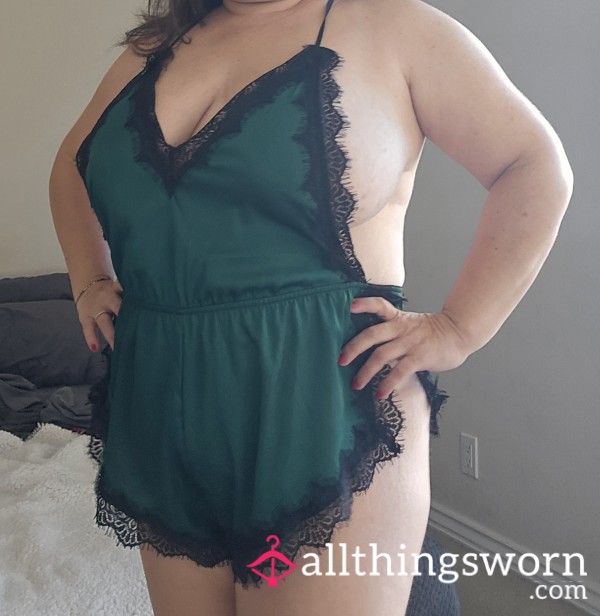 Green And Black Silky Lingerie Romper