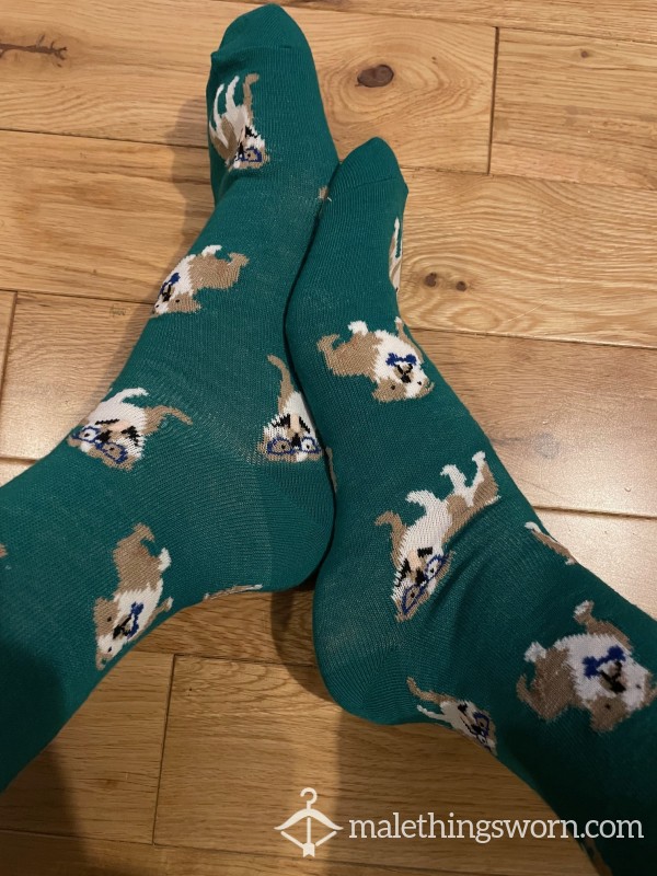 Green Bulldog Puppy Dog Funky Patterned Dress Socks, You Want To Sniff?