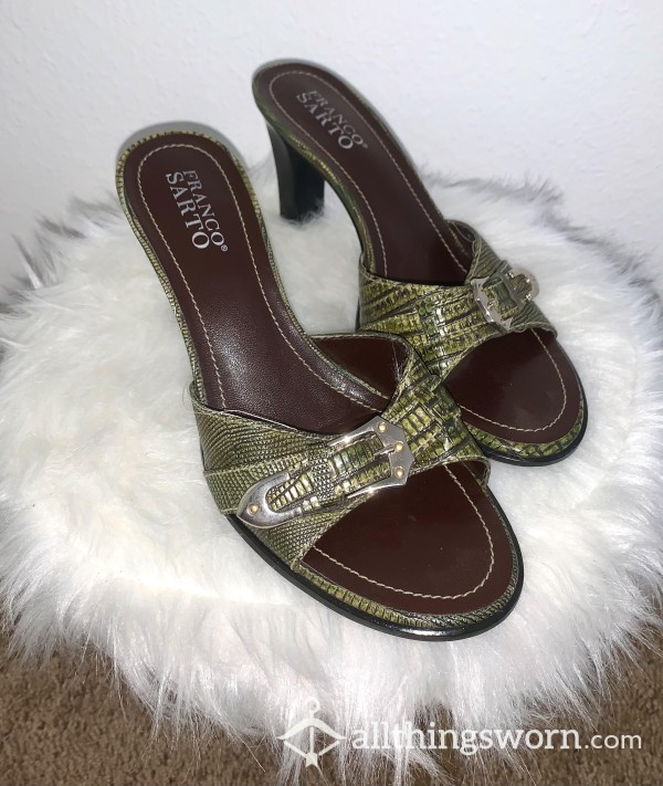 Green Fake SnakeSkin Buckle Heel