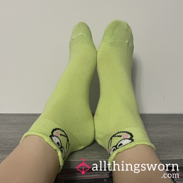 Green Frog Hello Kitty Crew Socks Cute Funny Cartoon