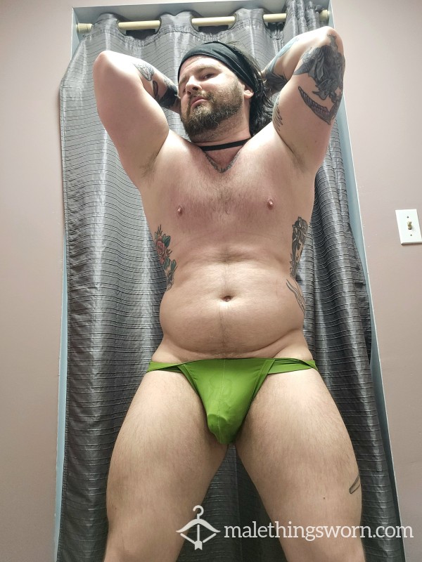 Green Jock Worn By Sweaty Powerlifter