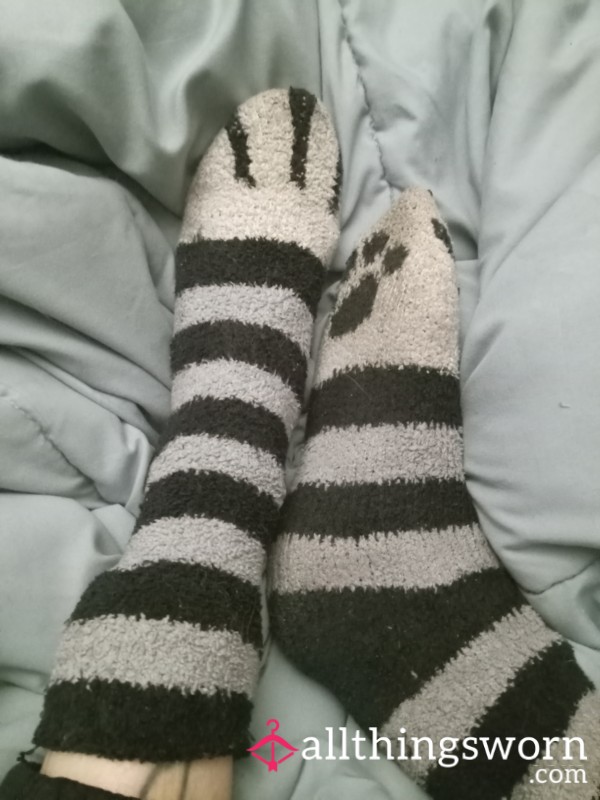 Grey And Black Striped Paw Socks