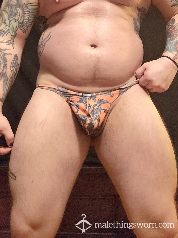 Grey And Orange Thong Worn By Sweaty Bear