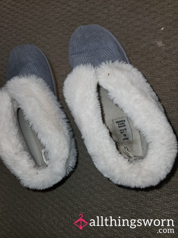 Grey And White Fluffy Slippers