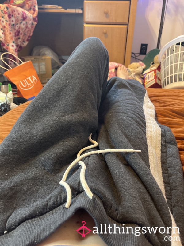 Grey Fleece Sweatpants With Decorative Stripes And Tie