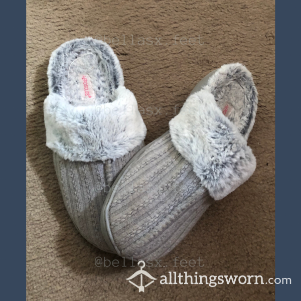 GREY FLUFFY SLIDE SLIPPERS- Well Worn, Used & Soiled