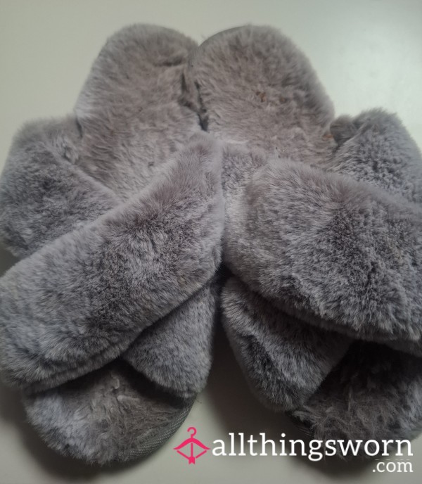 Grey Fluffy Smelly Dirty Worn Slippers