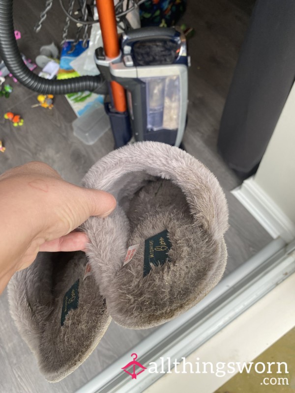 Grey Fluffy Well Worn Dirty Slippers