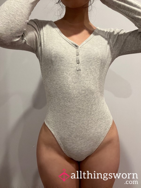 Grey Gray Light Ribbed Bodysuit Long Sleeve Bu*ton