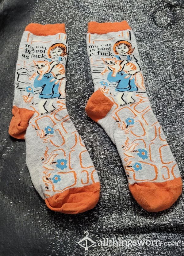 Grey Orange And Blue "My Cat Is Cool As F**k" Socks