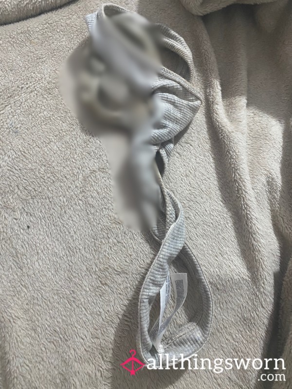 Discharged Grey Ribbed Crusty Thong - VERY Well Worn Multiple Days