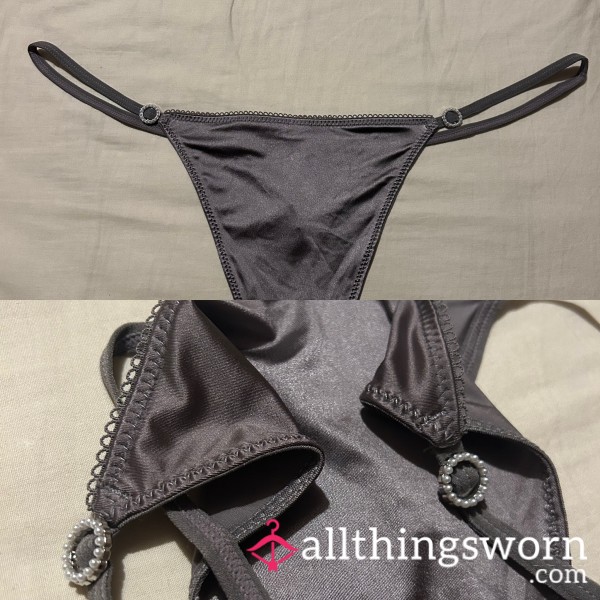 Grey, Satin Like Gstring With Pearl Detail 🩶