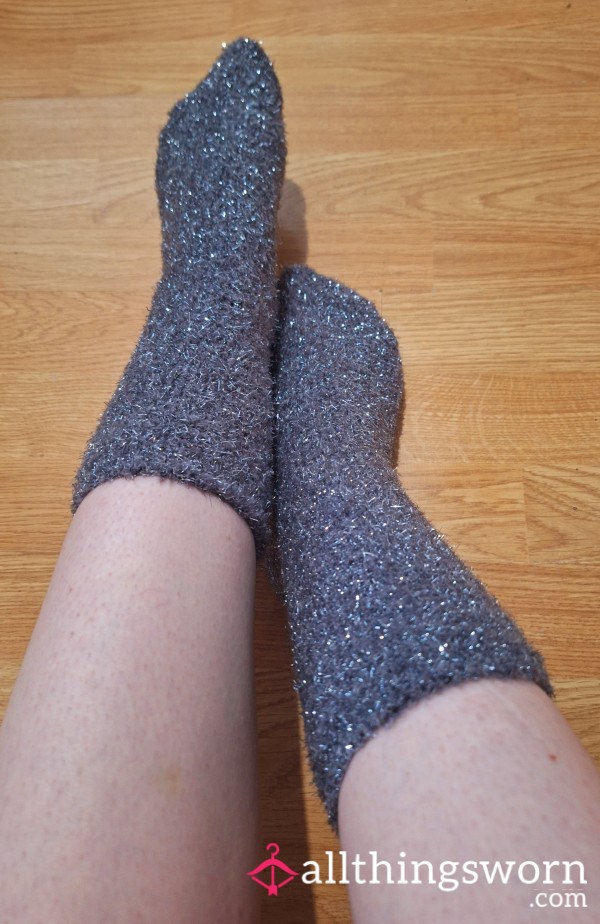 Grey Sparkly Fluffy Socks