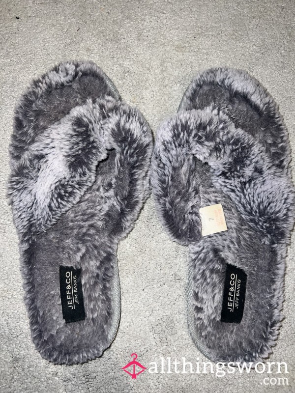 Grey Well Worn Fluffy Crusty Slippers