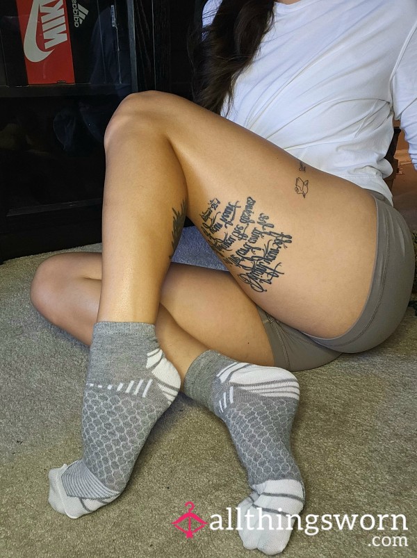 2 For $22 ✨️Grey & White Socks Short Ankle Socks Striped Mixed Pattern Petite Small Slender Arched Asian Japanese Feet Athletic Tattooed Fitness Model