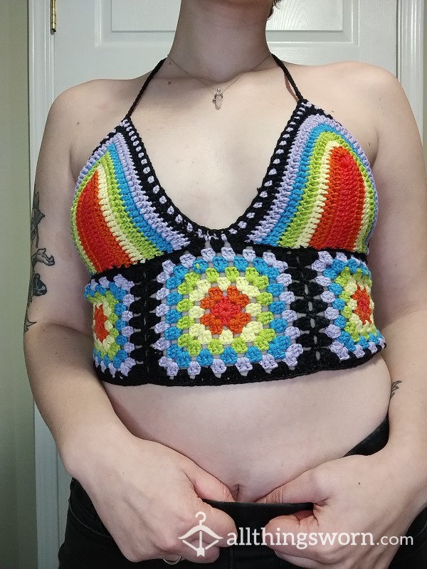 🌈Handmade By Me!! Crochet Rainbow Cotton Halter Top🖤