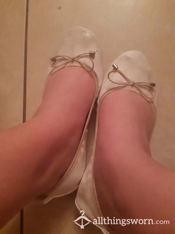 Heavily Worn White Ballet Flats