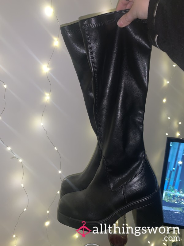 Heeled Knee High Black Leather Boots