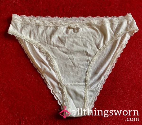 High Leg Lace/Cotton Briefs - Pale Cream