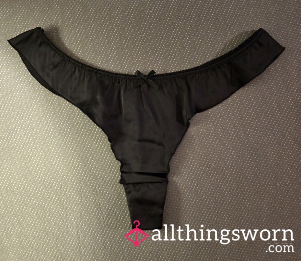 High Waist Ruffled Satin Black Thong