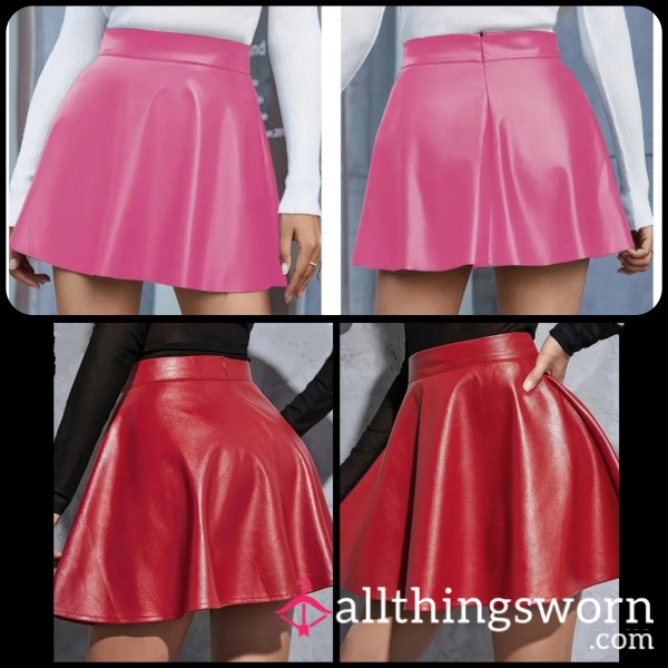 High-Waisted Solid Red Or Pink Mini Skirt, PU Leather,Non-Stretch Sz 16