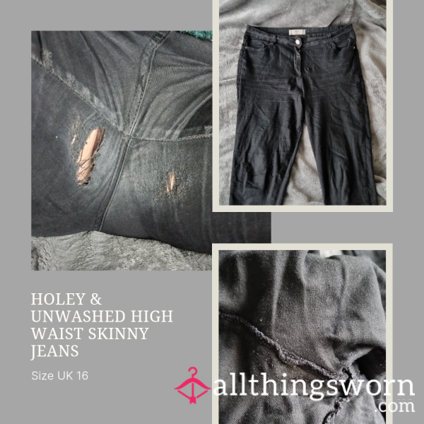 Holey Unwashed Black High Waisted Skinny Jeans | Size 16 | 3 Days Wear | Holes On Inner Thighs - From £25.00