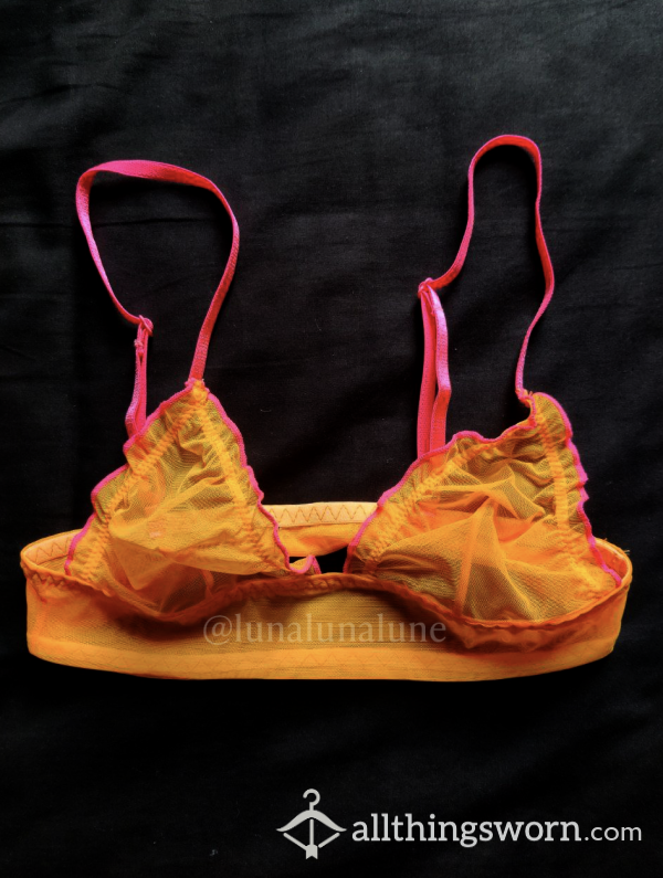 Hot Orange Mesh Bralette With Neon Straps UK 4 Worn By Petite Asian Goddess