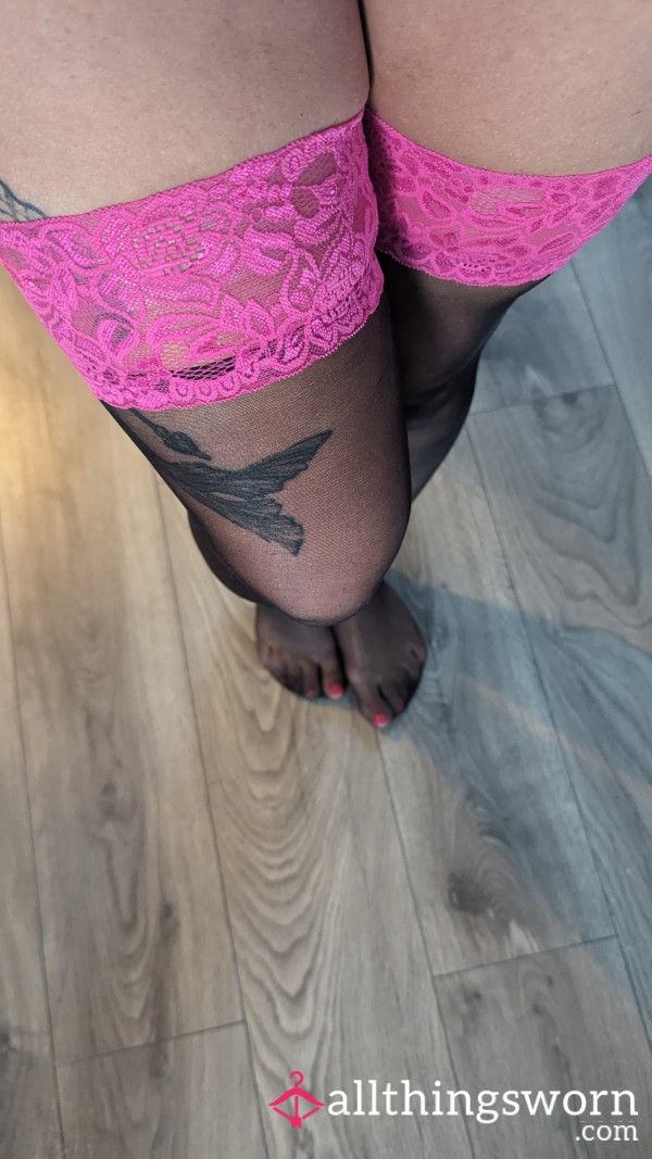 Hot Pink Lace Black Stockings With Ladder.