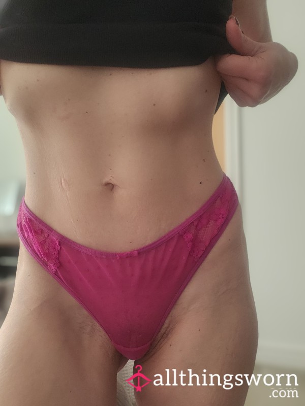 Hot Pink Lace Thong. Worn.