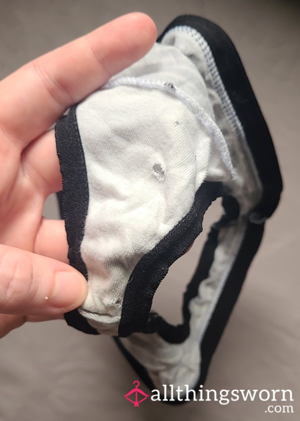 Holey Gusset Tight Striped Thong - Slightly Stained & Well-Worn