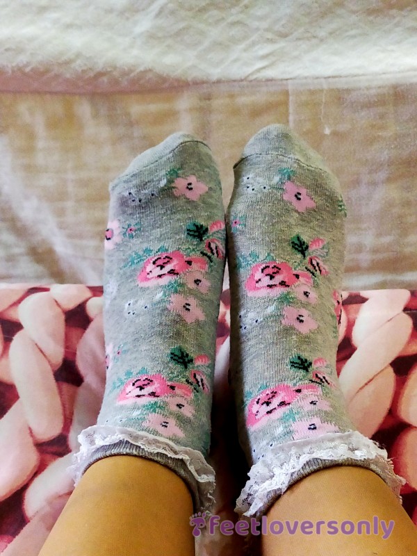 My Gray Socks With Pink Flowers.