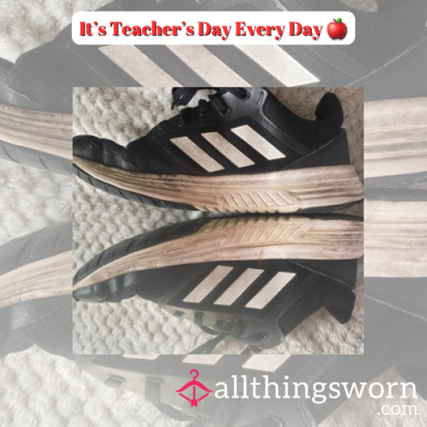 𝙶𝚈𝙼 𝙲𝙻𝙰𝚂𝚂 𝚃𝚁𝙰𝙸𝙽𝙴𝚁𝚂 - Very Well Worn Smelly Adidas Trainers That Have Been Worn By Teacher For Many Gym Cla**es ❦ UK Size 5