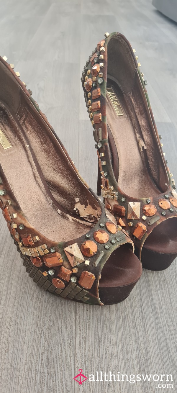 Jewelled Camo Leather Soled Heels UK6.5