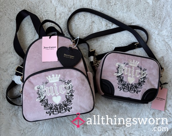 Juicy Couture Purse/backpack With Matching Crossbody—-2 Styles For Different Occasions!! 😍💋💯❤️🎁 Velvet/velour With Fancy Logo!! Sissies, Girlies, Women, ETC!! 💋💯😍🎁