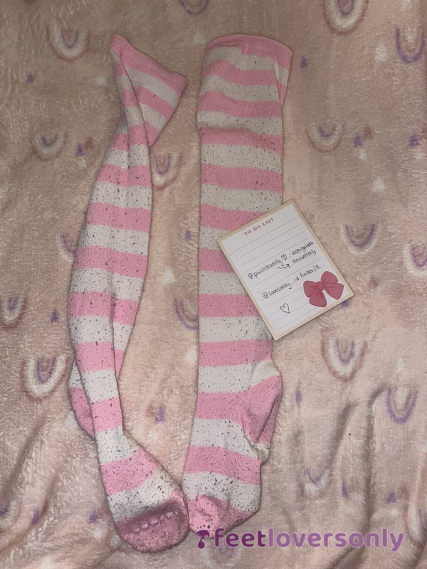 Kawaii E-girl Pink And White Striped Knee High/thigh High Socks 🎀💗