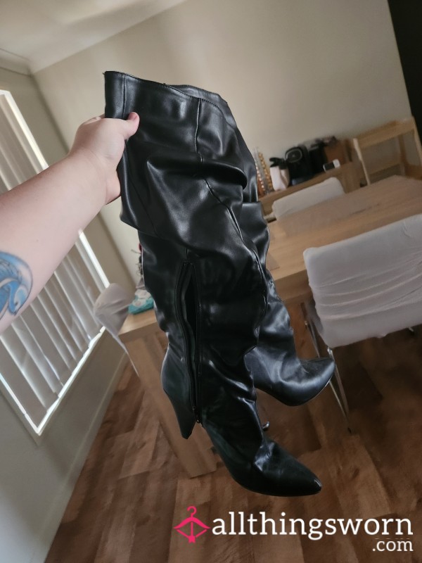 Knee High Black Leather Boots Size 8