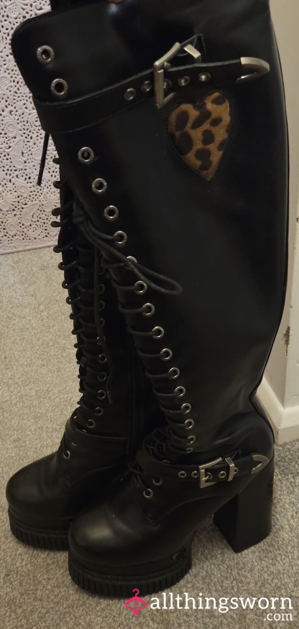 Knee High Lace Up Leather Boots