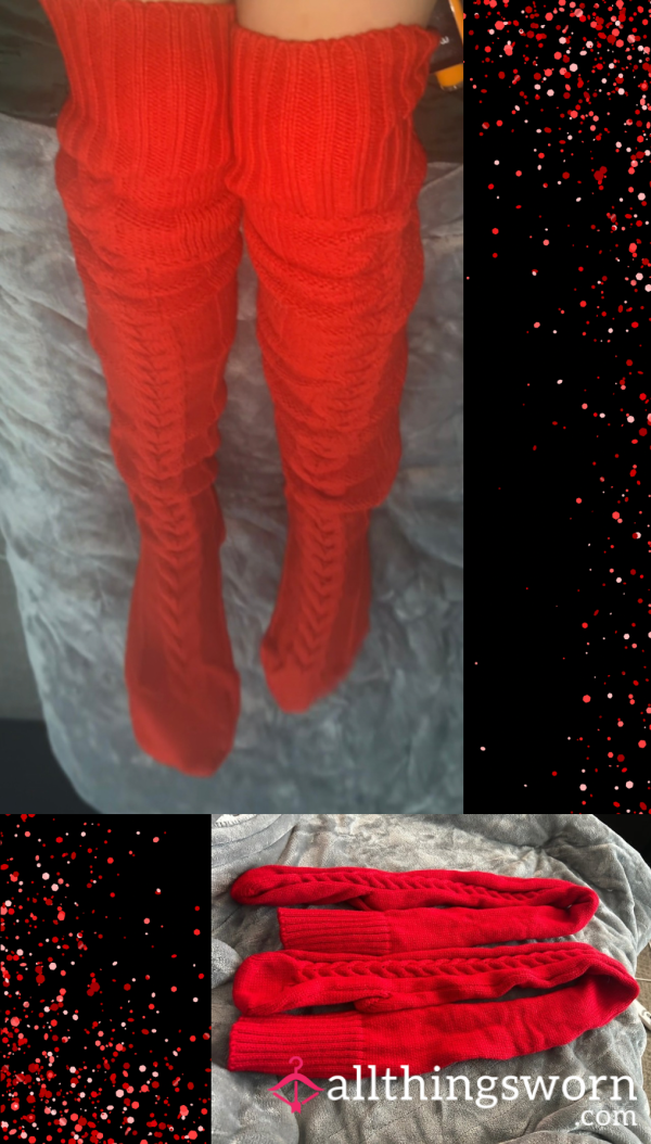 Knit Red Knee-High Sweater Socks