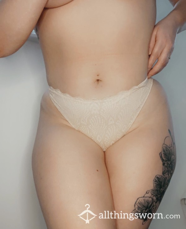 Lace And Nylon Thong - Cream