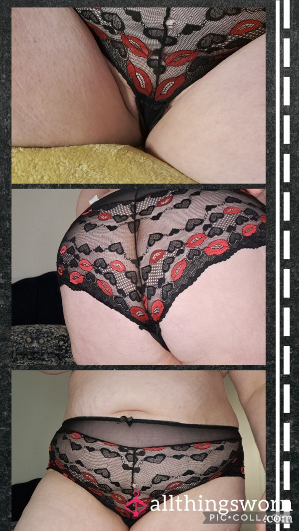 Lace Black Panties- With Lips Detail Size 18(24 Hour Wear Included)