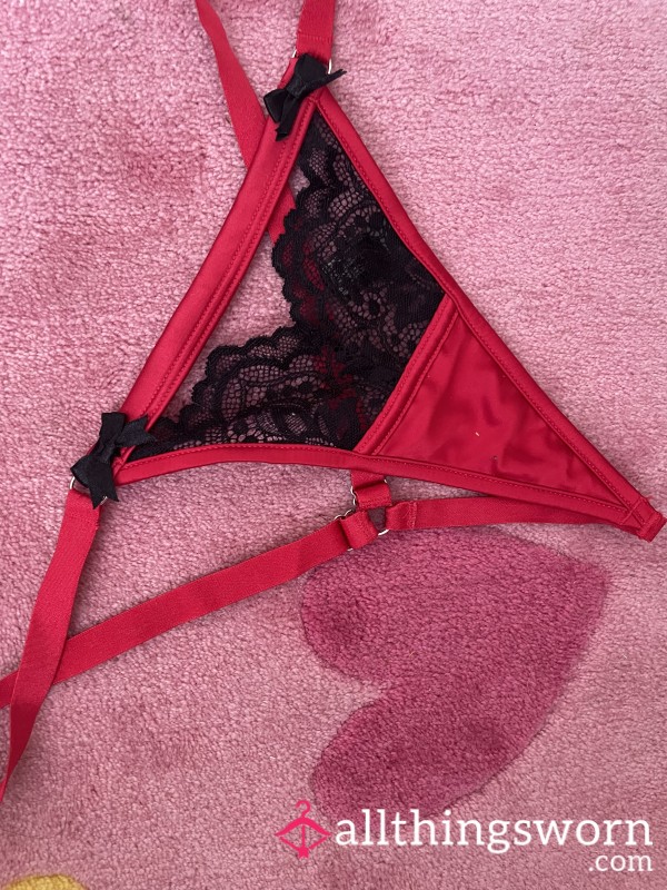 Lace & Satin Red And Black Cheeky G-String