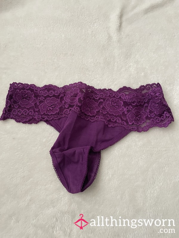 Lace Trim Cotton Purple Thong