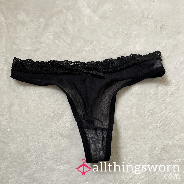 Lace Trim Mesh Black Bow Thong