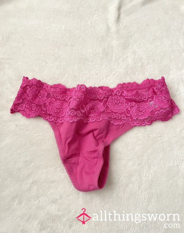 Lace Trim Pink Cotton Thong Panties