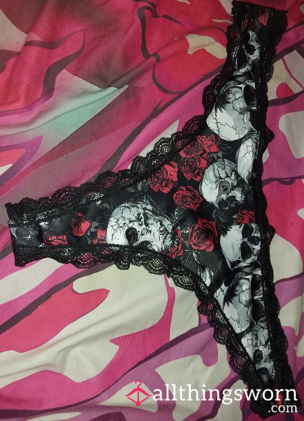 Lacy Black Thong With Skull And Rose Detailing