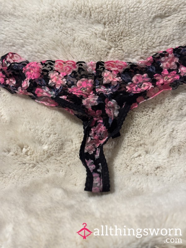 Lacy Pink And Black Thong Panties