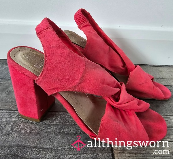 Ladies Extremely Well Worn And Stained Red Summer Heel Shoes For You Foot Fetish Slaves, Lovely Amount Of Dirty Staining